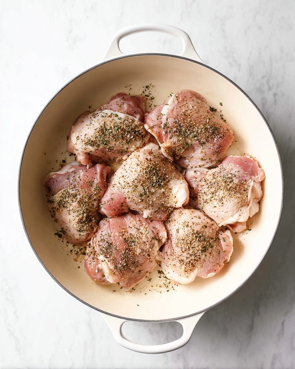The image shows a white pan with six pieces of raw chicken thighs spread out in a circle. The chicken pieces are pink with some light fat and are sprinkled with black pepper, coarse salt, and dried herbs, giving them a slightly speckled brown and green look. The pan's inside surface is smooth and light cream colored, and the pan has two white handles on each side. The pan is placed on a white marbled surface. photo taken with an iphone --ar 4:5 --v 7
