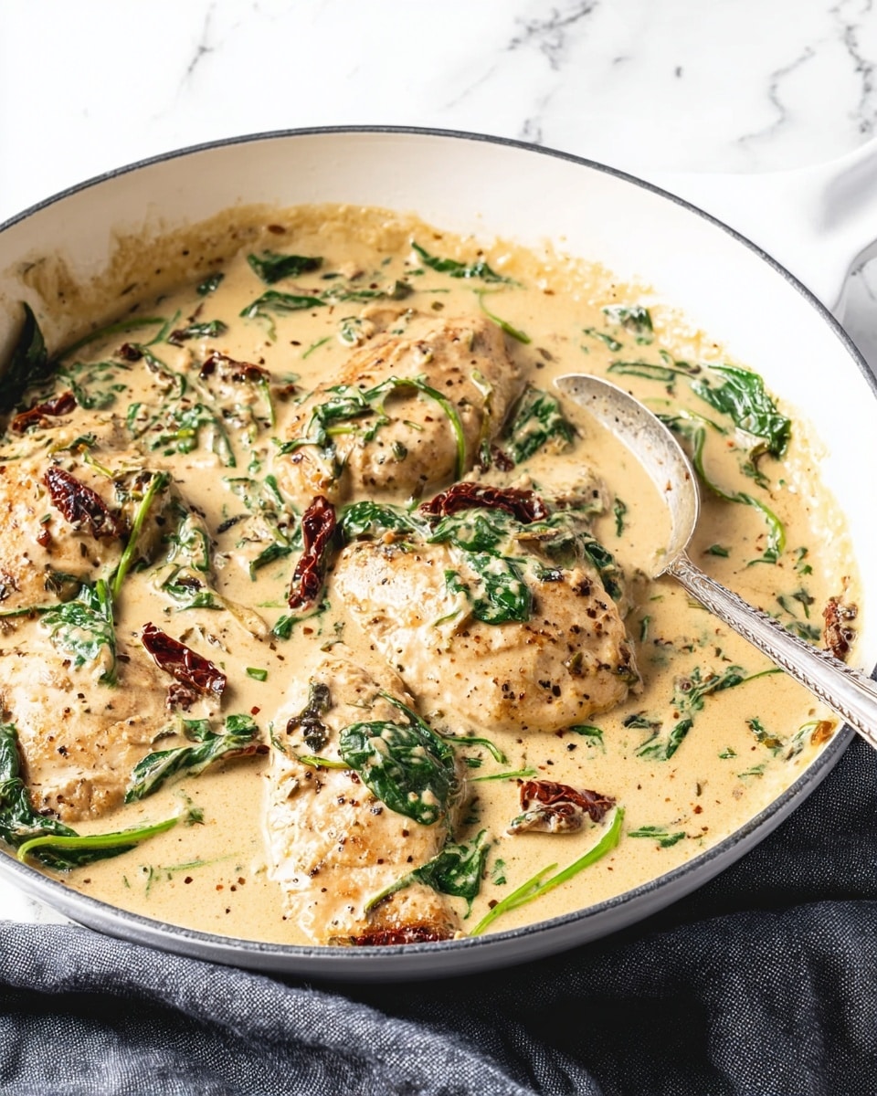 A white deep pan filled with five creamy light beige pieces of cooked chicken, covered in thick sauce with visible black pepper and herb specks. Bright green spinach leaves and small dark brown sun-dried tomato strips are mixed evenly throughout the sauce. A silver spoon rests on the right side edge of the pan, partially dipped into the sauce. The pan sits on a dark gray cloth with a white marbled surface beneath. Photo taken with an iphone --ar 4:5 --v 7