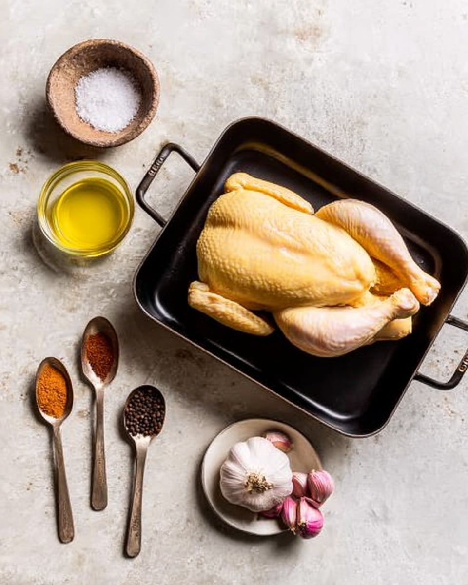 A whole raw chicken with a light yellow skin lies in a black roasting pan with handles on each side. Next to the chicken, inside the pan, there are two small clear glass bowls, one filled with a yellow liquid and the other with a light golden liquid. Above the pan on a white marbled surface, there is a small rustic brown bowl filled with coarse salt, and below it, four spoons of different sizes lined up horizontally. These spoons hold various spices in colors ranging from reddish to light brown. To the right, a white plate holds several dark brown cloves, and next to it is a whole bulb of garlic with a white skin. photo taken with an iphone --ar 4:5 --v 7