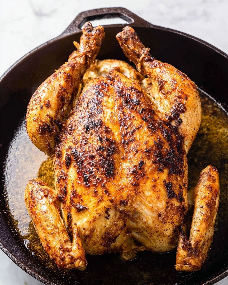 The image shows a whole roasted chicken placed in a black cast iron pan. The chicken has a golden brown, crispy skin with a slightly darkened, spiced texture on top and around the legs. It looks juicy with some oil or cooking liquid pooling in the pan beneath it. The legs are spread out symmetrically, and the chicken is centered in the pan. The background is a white marbled surface. photo taken with an iphone --ar 4:5 --v 7