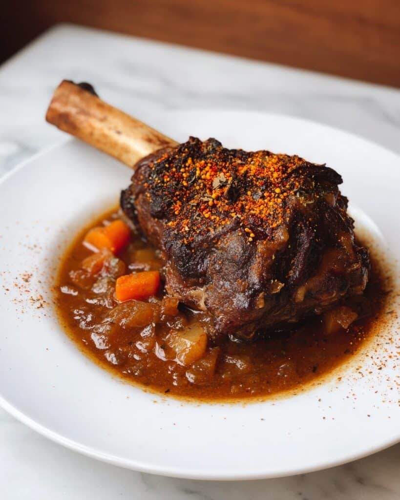 Cider Braised Lamb Shanks with Autumn Vegetables and Spiced Apple Sauce Recipe