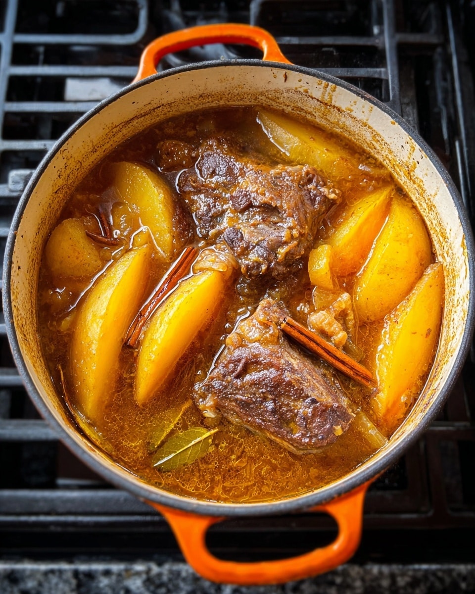 A round white pot with orange handles is filled with a stew showing two large brown meat pieces on top, surrounded by thick yellow potato wedges and orange-brown broth. Visible inside the broth are bay leaves and a cinnamon stick, adding texture and dark green and brown colors. The surface beneath the pot is black stove grates, contrasting with the white marbled texture. The stew looks rich and hearty with layers of simmered meat, potatoes, and aromatic spices. Photo taken with an iphone --ar 4:5 --v 7