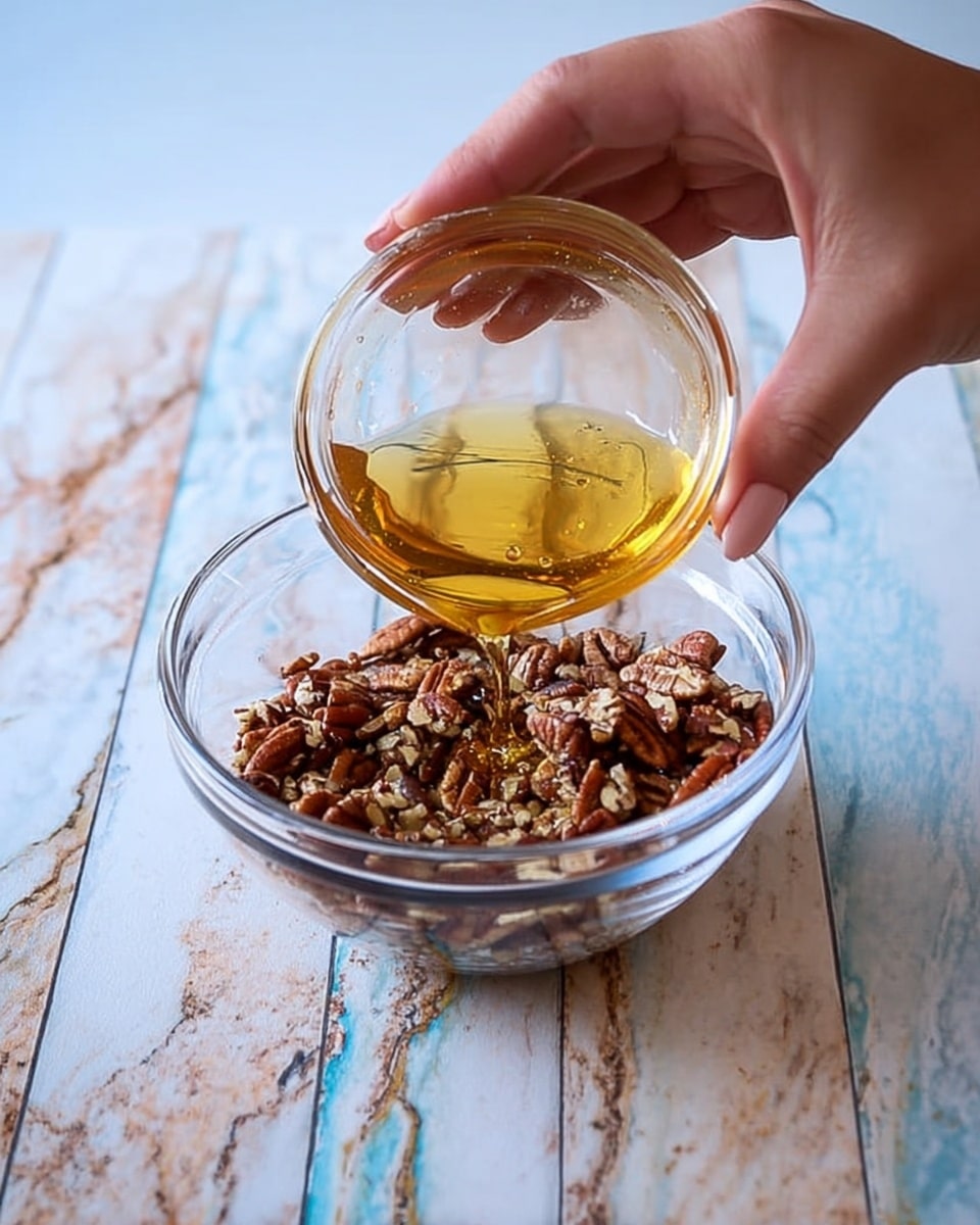 A close-up image shows a woman's hand pouring golden honey from a small clear glass bowl into a larger clear glass bowl filled with chopped pecans. The chopped pecans are a mix of light to dark brown with a rough texture. The bowls sit on a white marbled surface with light blue and tan streaks. Photo taken with an iphone --ar 4:5 --v 7