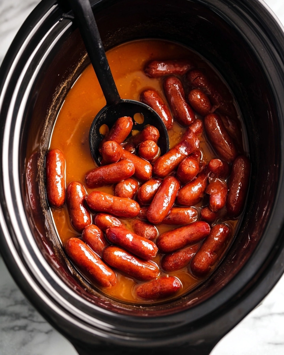 The image shows a close-up of a black slow cooker filled with small, shiny, reddish-brown sausages sitting in a thick, orange-brown sauce that slightly pools around them. The sausages have a smooth texture and are tightly packed inside the slow cooker. A black slotted spoon is placed inside, partially submerged among the sausages, with its handle resting on the edge of the cooker. The pot is set on a white marbled surface. photo taken with an iphone --ar 4:5 --v 7