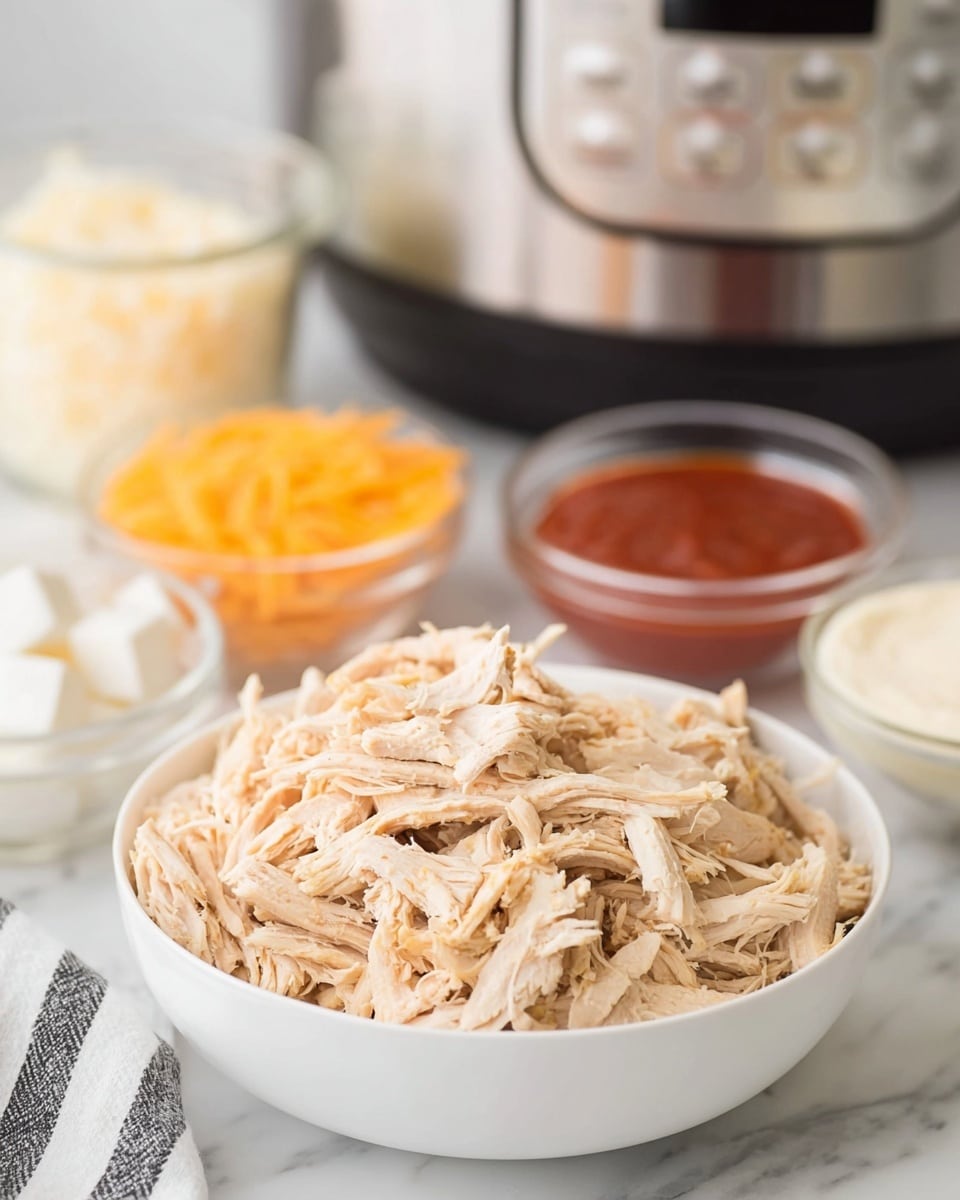 A white bowl filled with shredded light beige cooked chicken sits in the center on a white marbled surface. Behind it, there is a glass bowl with small white cubes, another glass bowl with orange shredded cheese, a small glass bowl with bright red hot sauce, and another glass bowl with white creamy sauce. In the background, a shiny silver slow cooker with a black lid and digital panel is slightly blurred. A white and black striped cloth is partially visible in the bottom left corner. Photo taken with an iphone --ar 4:5 --v 7