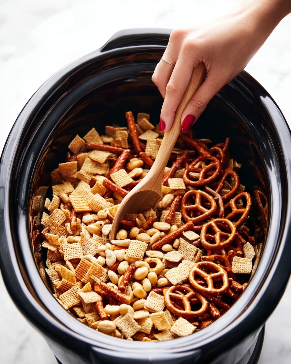 A close-up view of a black slow cooker filled with a mix of snacks, layered with square cereal pieces at the bottom, round cereal loops on the right side, light-colored peanuts scattered on top, and golden pretzels mixed in. A woman's hand with dark red nails is holding a wooden spoon inside the slow cooker, stirring the snack mix. The background and surface are a white marbled texture. Photo taken with an iphone --ar 4:5 --v 7
