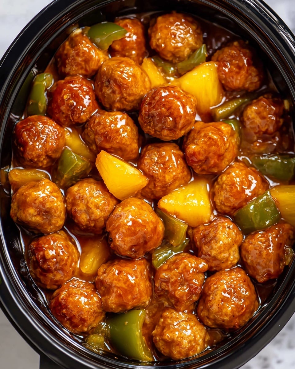 The image shows many round, shiny meatballs that are light brown in color, covered with a thick, orange-brown sauce. Mixed among the meatballs are chunks of yellow fruit, likely pineapple, and green bell pepper pieces, adding bright yellow and green colors to the dish. The meatballs and vegetables sit closely packed together, and the sauce looks smooth and sticky, coating all the ingredients evenly. The dish is seen inside a black container placed on a white marbled surface. Photo taken with an iphone --ar 4:5 --v 7