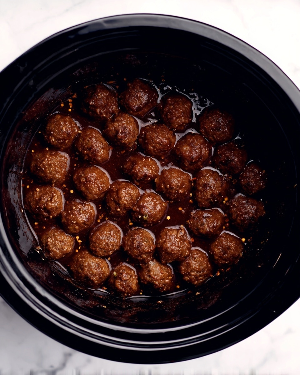 A black slow cooker pot filled with a single layer of small round meatballs covered in a dark brown sauce with a slightly thick and shiny texture, some sauce collected at the bottom and small seasoning bits visible on the meatballs. The pot is set against a white marbled surface. Photo taken with an iphone --ar 4:5 --v 7