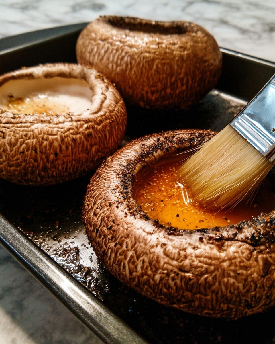 The image shows three large brown mushrooms with thick, textured caps placed on a dark tray. One mushroom in the foreground has a small pool of shiny, orange oil with seasoning in its center, which is being brushed on by a brush with light brown bristles. The mushroom caps are rough and slightly bumpy, with visible texture and some darker spots. The background and surface are changed to a white marbled texture. photo taken with an iphone --ar 4:5 --v 7
