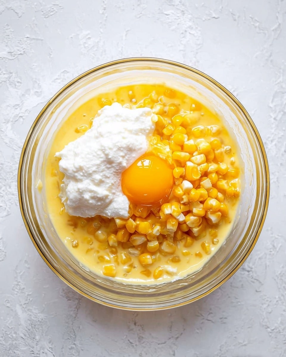 A clear glass bowl sits on a white marbled surface, filled with several unmixed ingredients. The base is a yellow, creamy mixture. On top, there is a bright yellow egg yolk surrounded by shiny yellow corn kernels. Next to the corn is a soft, white dollop of sour cream or similar creamy ingredient. The ingredients create a mix of yellow and white colors with smooth and textured surfaces inside the bowl. Photo taken with an iphone --ar 4:5 --v 7