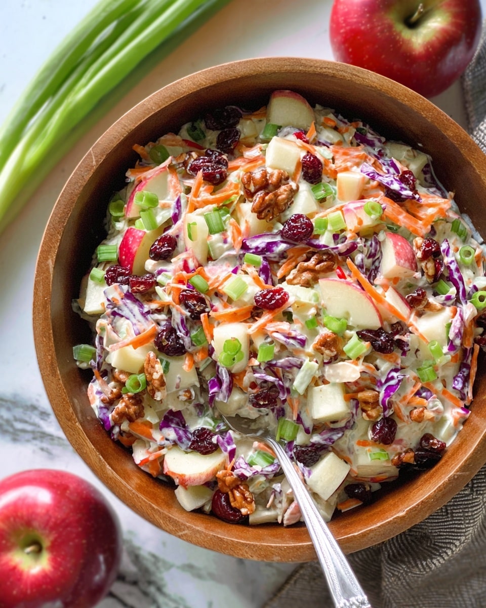 A close-up of a wooden bowl filled with a colorful salad that has about four layers: a creamy white base mixed with small pieces of shredded purple and green cabbage; chopped red apple cubes scattered throughout; bright orange carrot shreds; and pieces of walnut and dark red dried cranberries sprinkled on top. Small chopped green onions are also spread across the salad, with a silver spoon resting on the bowl's edge. The bowl sits on a white marbled surface with green onions and a red apple in the background. Photo taken with an iphone --ar 4:5 --v 7