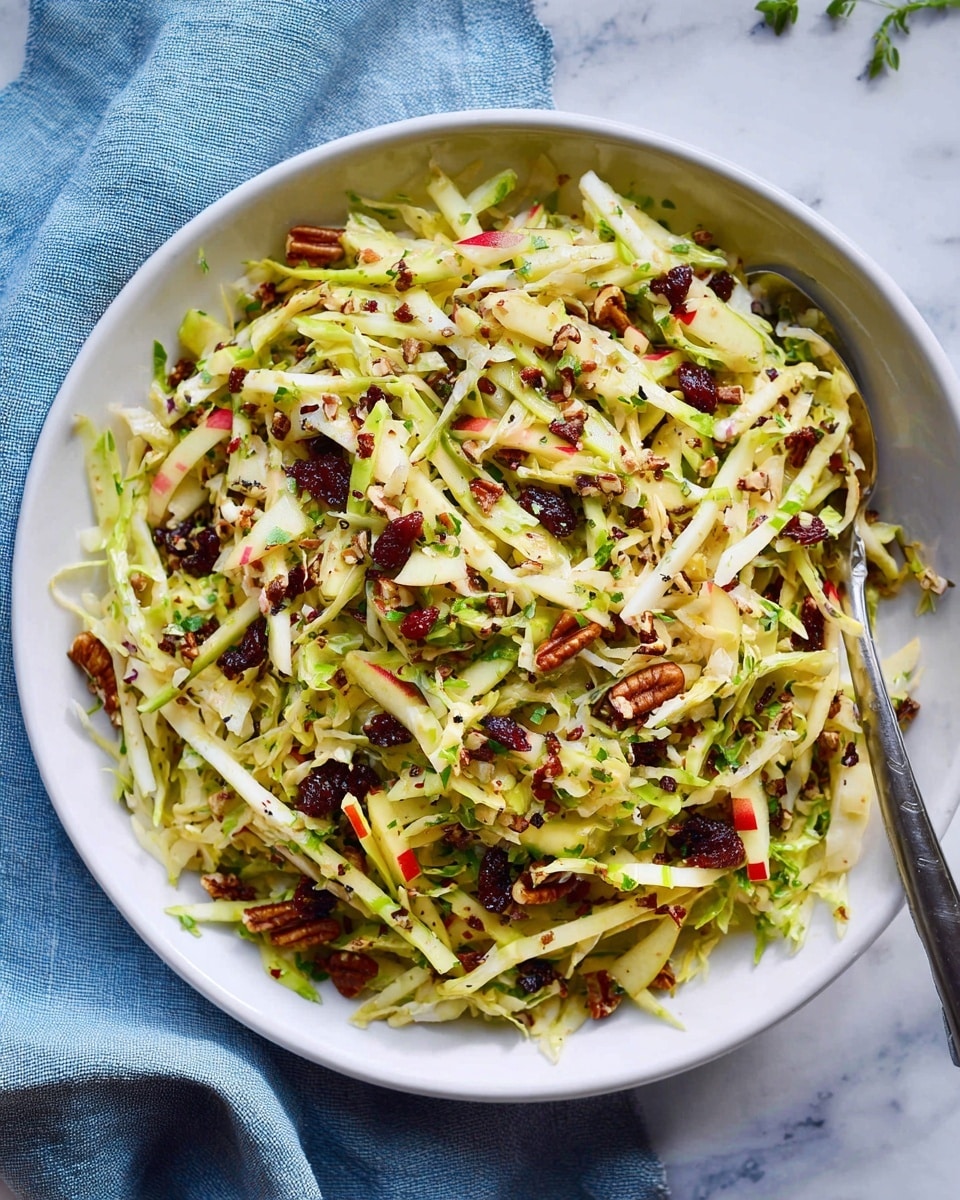 A large white bowl is filled with a colorful salad made of thin strips of green cabbage, light green apple, and pale yellow cheese, mixed with small pieces of red apple skin, dark red dried cranberries, and toasted brown pecans, all finely sprinkled with black pepper and small green herb leaves. The salad looks fresh and crunchy with a mix of smooth and rough textures. The bowl is placed on a white marbled surface with a light blue cloth nearby, and a spoon is partially visible in the bowl. Photo taken with an iphone --ar 4:5 --v 7