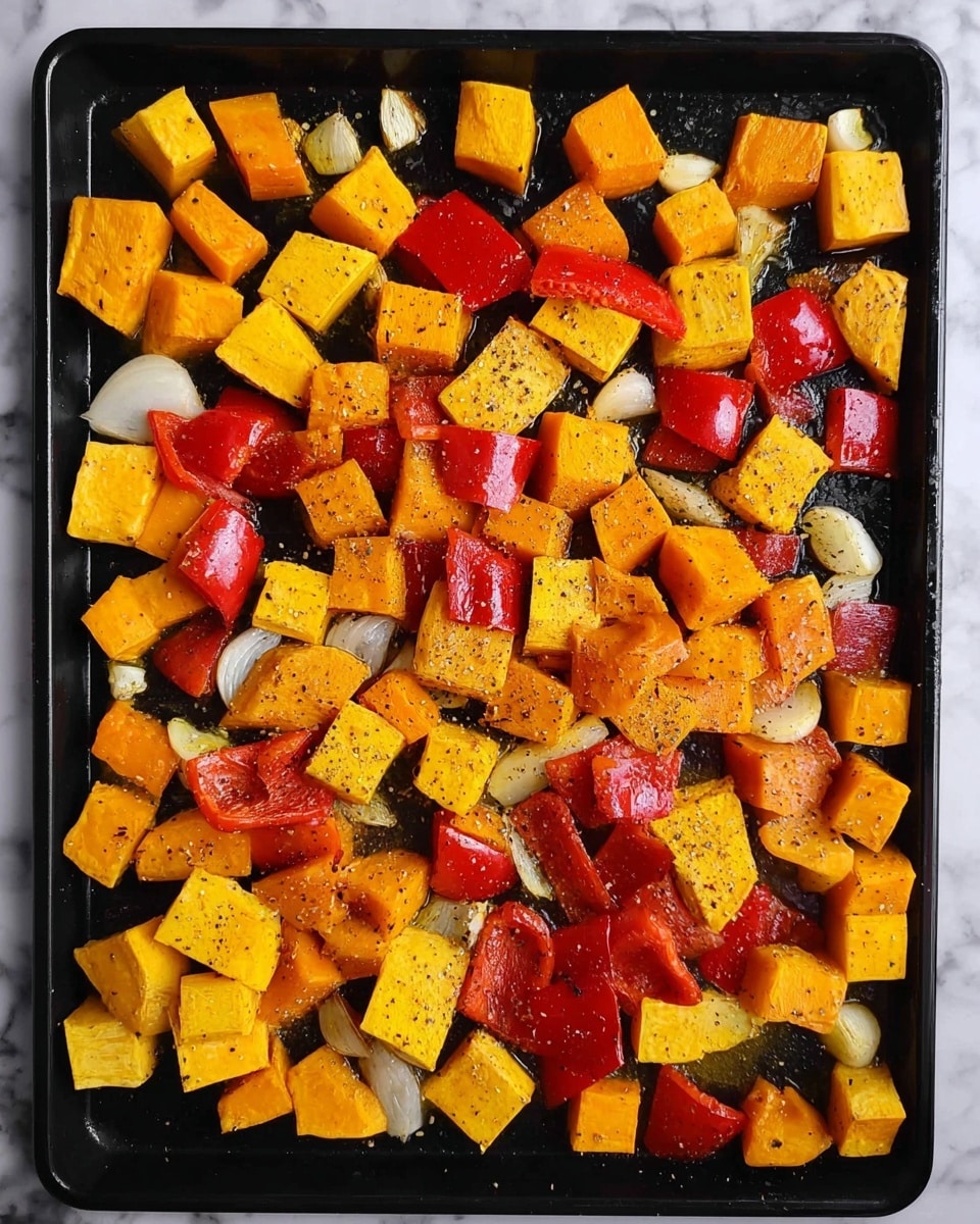 A black baking tray is filled with scattered pieces of yellow and orange cubed vegetables, mostly pumpkin and sweet potato, along with chunks of bright red bell pepper and slices of garlic. The vegetables are lightly coated in oil and sprinkled with black pepper. The tray rests on a white marbled surface. Photo taken with an iphone --ar 4:5 --v 7