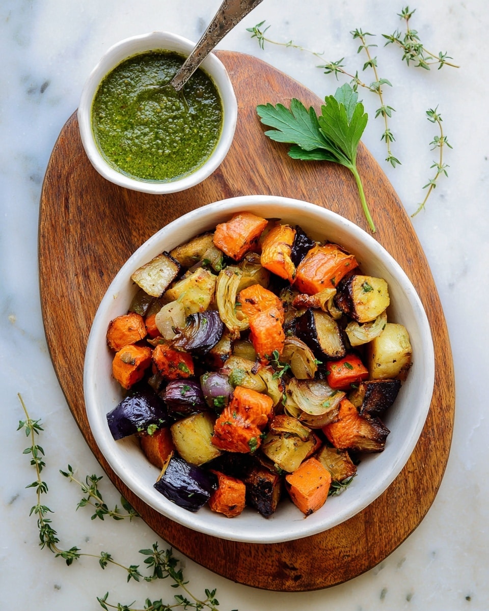 A white bowl on a round wooden board holds a colorful mix of roasted vegetables, including orange carrots, golden potatoes, deep purple eggplant pieces, and soft brown onions with slight charring. The vegetables are cut into chunky cubes and wedges, sprinkled with fresh green thyme leaves, adding a textured hint of brightness on top. A small white bowl filled with vibrant green pesto sauce sits beside the wooden board, garnished with a fresh parsley sprig. The entire scene is set on a white marbled surface with scattered thyme sprigs adding a natural touch photo taken with an iphone --ar 4:5 --v 7