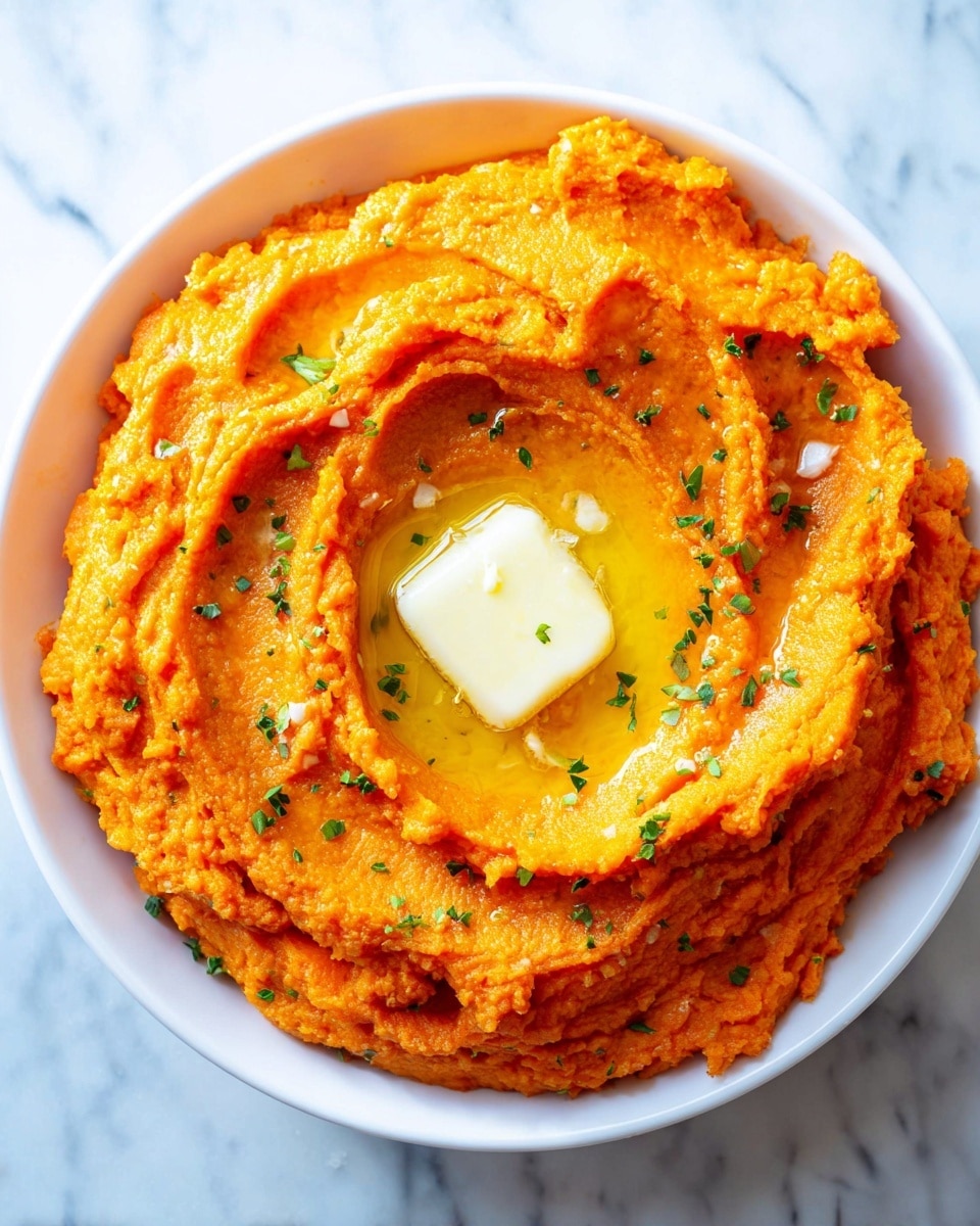 A white bowl filled with a single thick layer of bright orange mashed sweet potatoes that have a soft, slightly textured appearance. In the center of the mash, there is a smooth dollop of melting pale yellow butter, surrounded by a pool of glossy melted butter that spreads into the ridges of the mash. Small green herb bits are scattered across the surface for a touch of color contrast. The bowl is placed on a white marbled surface. Photo taken with an iphone --ar 4:5 --v 7