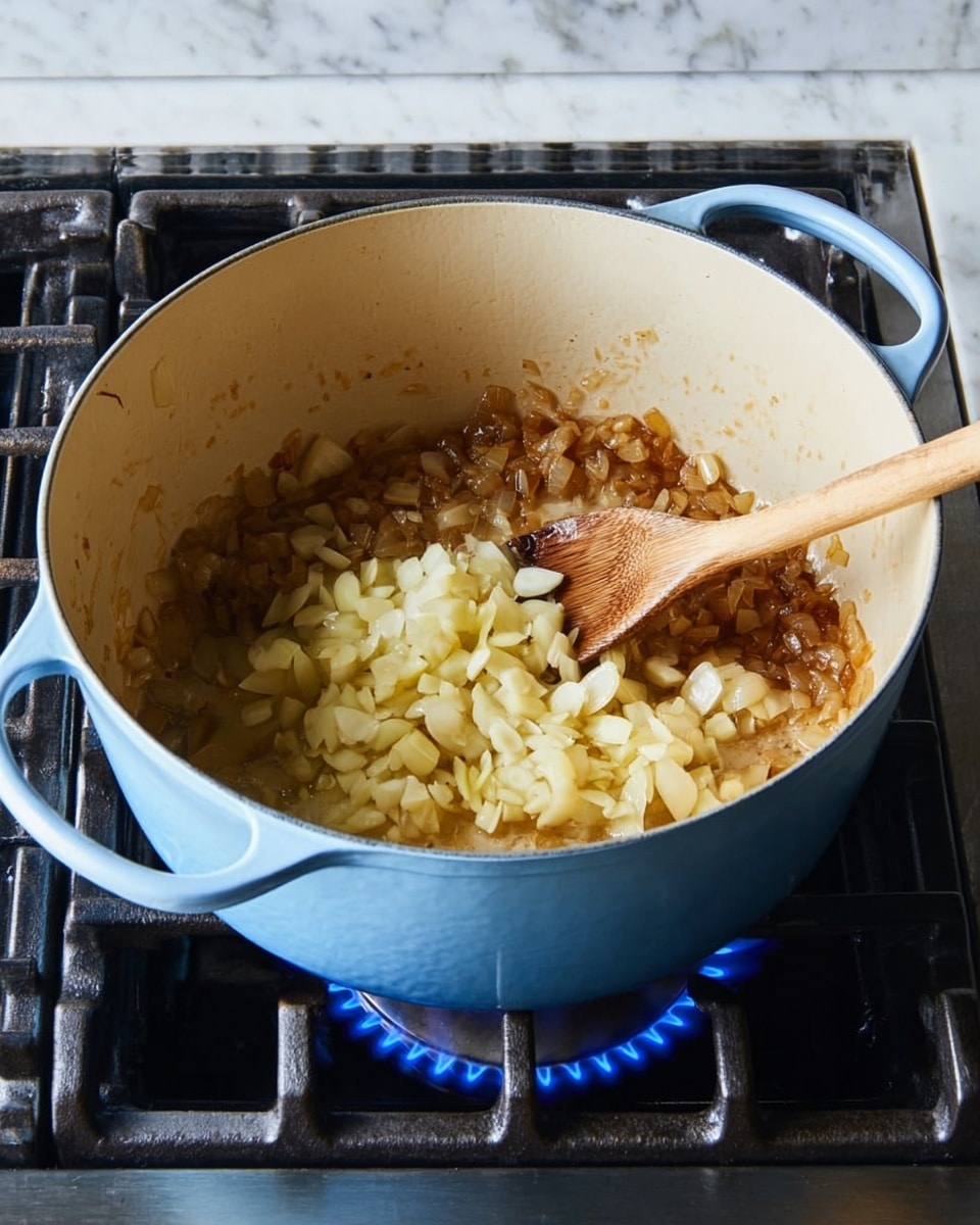 A large light blue pot sits on a gas stove with a blue flame underneath. Inside the pot, there is a mix of two layers: the bottom layer is made of caramelized chopped onions with a shiny, slightly brown color and soft texture, while on top is a smaller pile of freshly sliced pale yellow garlic. A wooden spoon rests inside the pot, angled toward the right side. The stove and its black grate surround the pot, and the surface next to the stove is white marbled texture. photo taken with an iphone --ar 4:5 --v 7