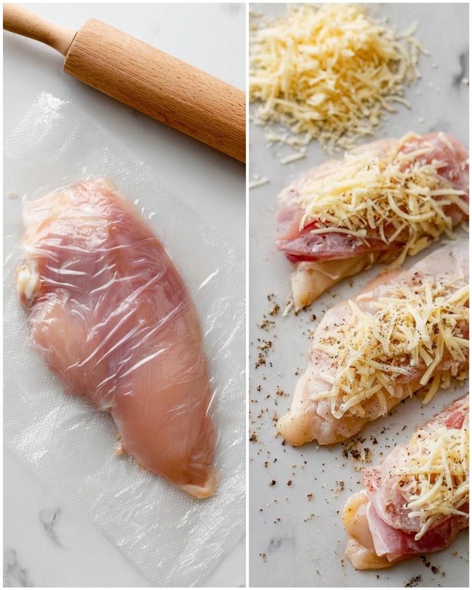 The image shows two parts: on the left, a raw piece of chicken placed on clear plastic wrap on a white marbled surface with a wooden rolling pin above; on the right, three raw chicken pieces laid flat on a white marbled surface, each topped with a slice of ham, and piles of shredded cheese on top of the ham, with some small pieces of seasoning sprinkled around. Photo taken with an iphone --ar 4:5 --v 7