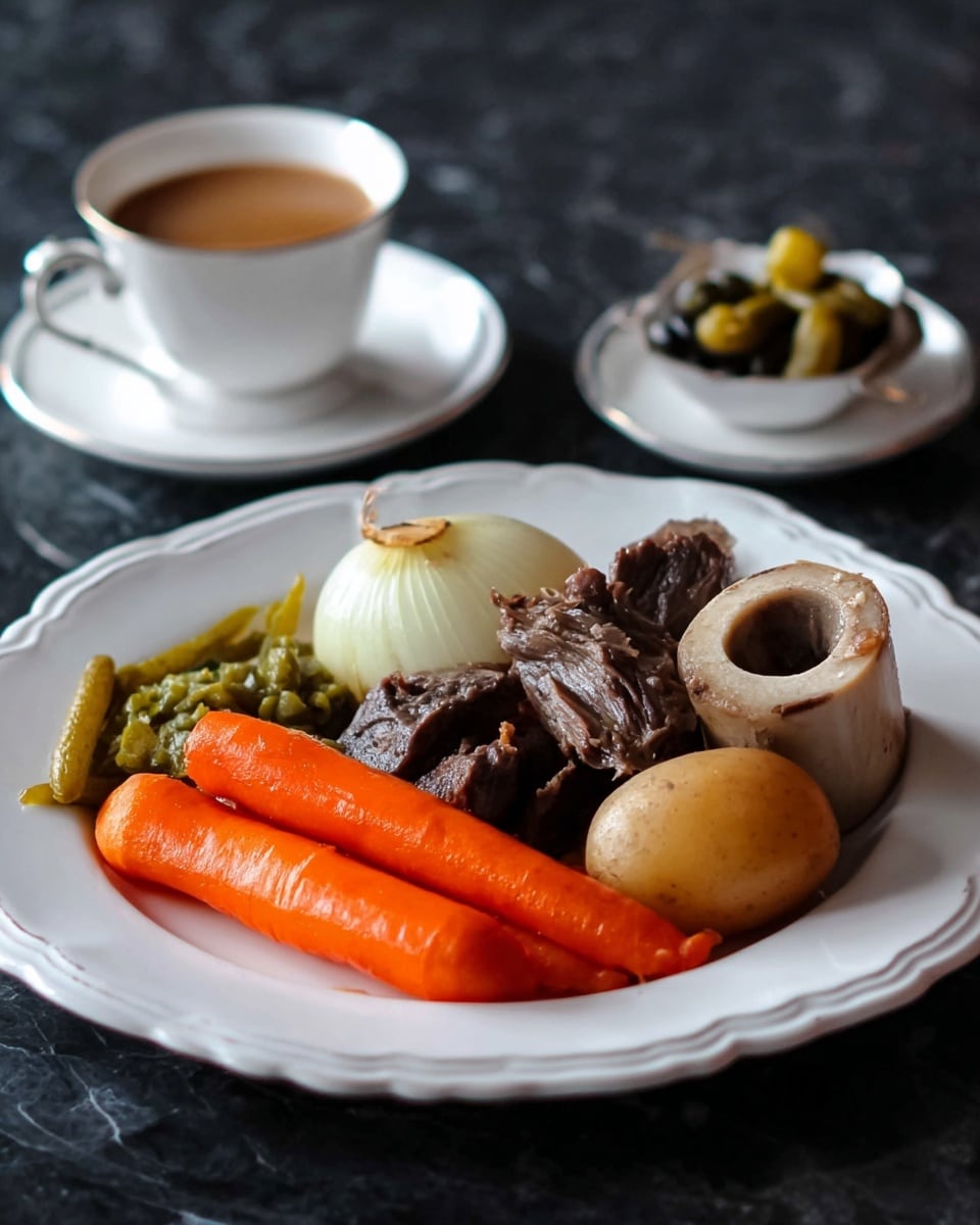 A black pot filled with a stew showing several layers and ingredients: at the bottom, a light brown broth surrounds vegetables and meat; scattered baby yellow potatoes with smooth skin sit on the top and sides; bright orange carrot chunks are placed evenly around the pot’s edge and near the center; a large round bone with a hollow center sits close to the middle; deep brown pieces of cooked meat are layered near the bone and mixed with light green cabbage leaves and green beans that stretch from left to right. The pot is placed on a wooden surface. photo taken with an iphone --ar 4:5 --v 7