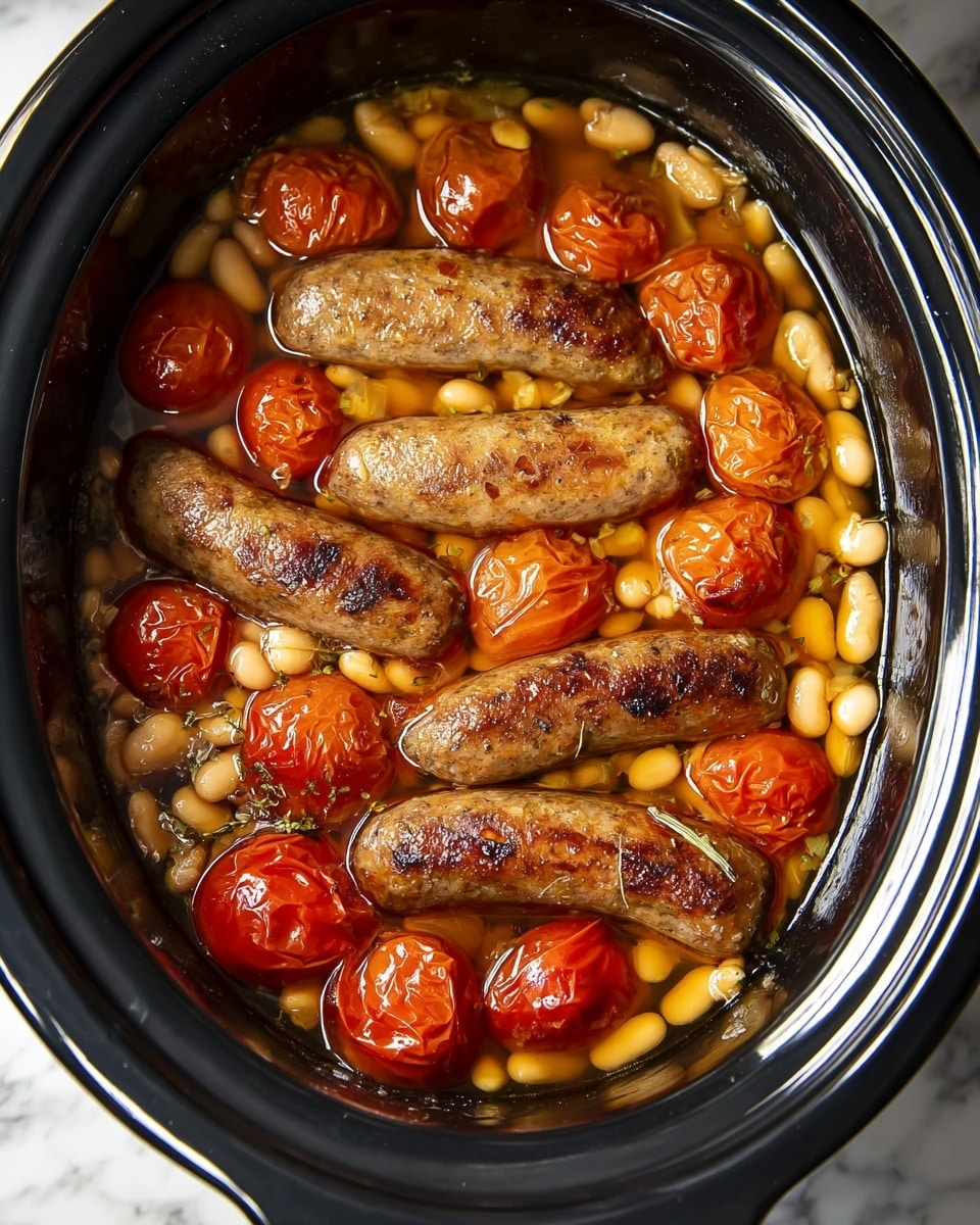The image shows six browned sausages lying in a pool of golden oil mixed with whole orange cherry tomatoes and white beans, inside a black slow cooker. The sausages have a slightly crispy texture with some grill marks, and the tomatoes appear softened and shiny, floating around the sausages. The white beans are scattered evenly beneath and between the sausages and tomatoes, creating a layered look with the sausages on top, the vegetables in the middle, and oil coating everything. The black cooker contrasts with the warm colors of the food. The background is changed to a white marbled texture. photo taken with an iphone --ar 4:5 --v 7