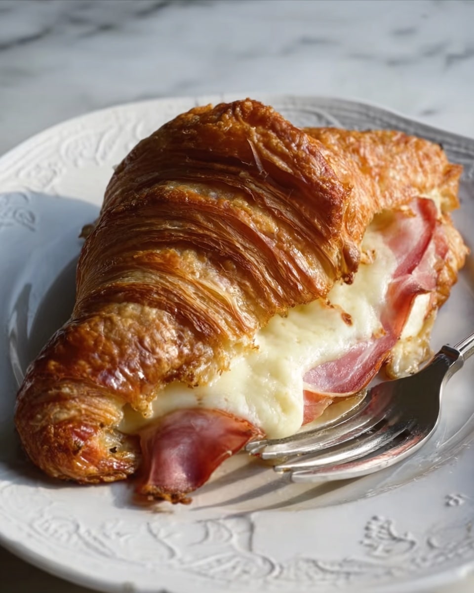 A golden-brown croissant is filled with layers of melted white cheese and thin slices of pink ham, with the cheese oozing out slightly at the edges. The croissant rests on a white plate with a delicate embossed pattern, which sits on a white marbled surface. A silver fork is placed to the right side of the plate. The texture of the croissant is flaky and crispy on the outside, while the inside is soft, showcasing the rich filling. photo taken with an iphone --ar 4:5 --v 7