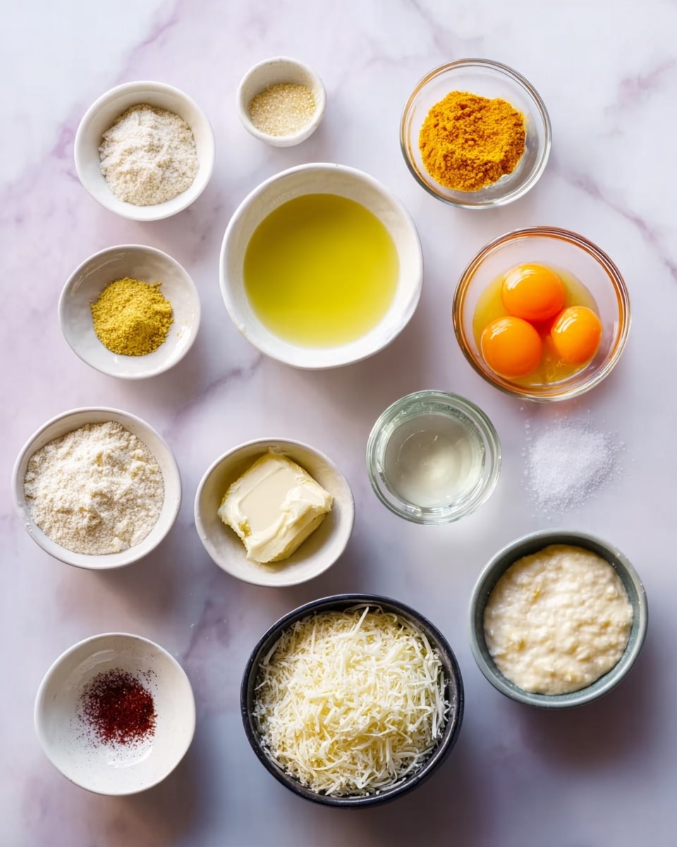 The image shows a collection of small bowls and a glass on a white marbled surface, each filled with different cooking ingredients. There are ten small white bowls and one small transparent bowl arranged neatly; one contains yellow mustard, another has a light-colored powder, a third has bright yellow turmeric powder, and a fourth has a small amount of salt. A large white bowl holds a clear yellow liquid, likely oil, while another transparent bowl holds beaten orange eggs. One small white bowl contains butter, and another has a thick creamy white substance. A black bowl contains a pale creamy batter, and another white bowl is filled with finely shredded cheese. There is also a small grey bowl with a dark red powder. A clear glass with a small amount of clear liquid is placed among them. The clean setup on the smooth marble surface highlights the colors and textures of all the ingredients, photo taken with an iphone --ar 4:5 --v 7