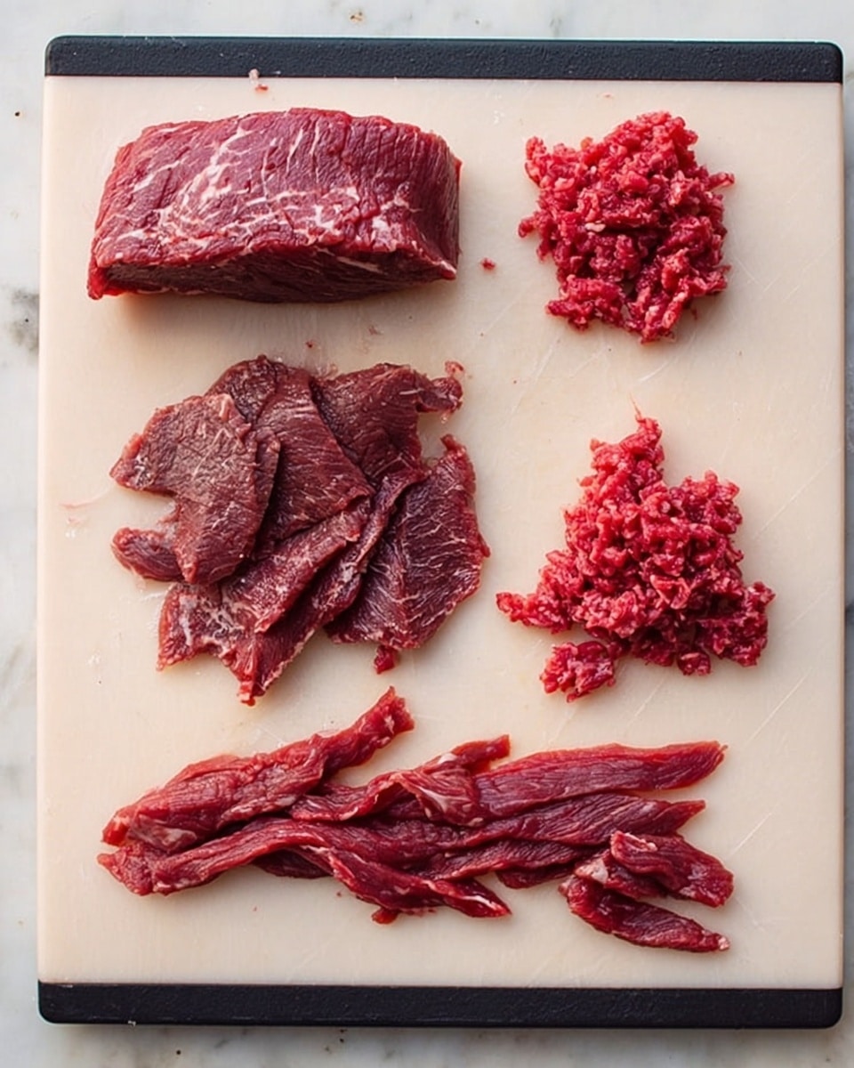 A white cutting board on a white marbled surface holds five different presentations of raw beef. The top left side shows one thick, solid piece of beef with visible marbling. Below it, thin slices of beef fan out, showing a dark red color with some white fat veins. In the middle, there are some larger thin slices of beef, slightly curled at the edges. On the top right, there is a small pile of finely chopped raw beef, bright red in color. Below that, there are thin strips of beef arranged in a loose pile, reddish with slight marbling. The cutting board has black edges and the colors of the beef contrast with the pale board and white marbled background, photo taken with an iphone --ar 4:5 --v 7