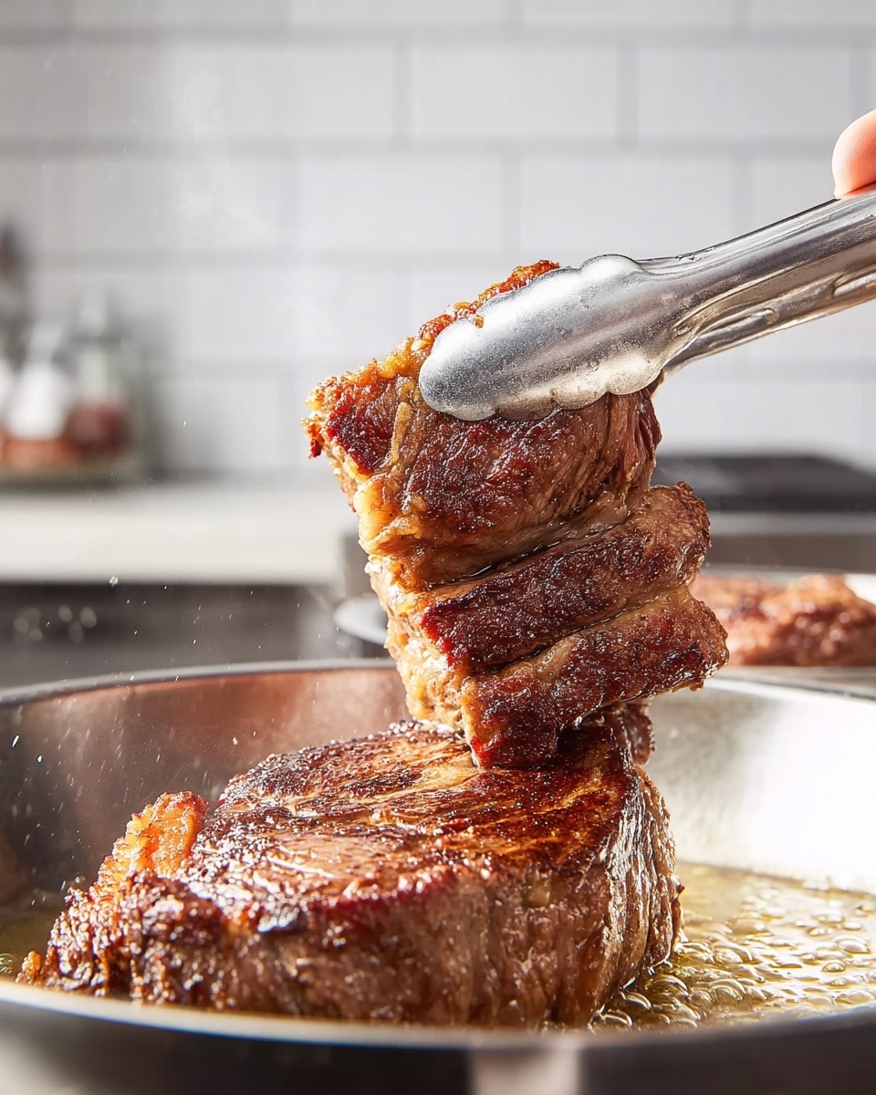 A close-up view of a thick, dark brown steak with a crispy, caramelized crust being lifted upright by silver tongs with a woman's hand holding them. The steak shows layers of textured meat and fat, with the fat parts a golden yellow, some parts curling. Another steak is lying flat in a shiny silver frying pan with oil bubbling around it. The background shows a white marbled countertop and a white tiled wall with soft lighting highlighting the juicy surface of the meat. photo taken with an iphone --ar 4:5 --v 7
