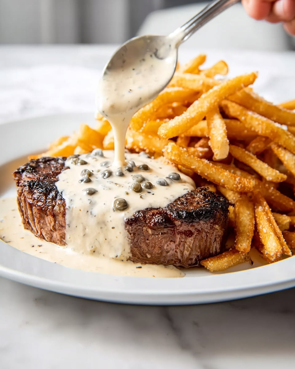 A close-up image shows a dark brown grilled steak on the left side of a white plate, with a thick creamy white sauce with small green peppercorns being poured over the steak by a silver spoon held by a woman's hand entering from the top right. Behind the steak is a generous serving of golden crispy fries with a slightly rough texture. The plate sits on a white marbled surface with a blurry white background. The overall look highlights the contrast between the dark steak, light sauce, and bright fries. photo taken with an iphone --ar 4:5 --v 7