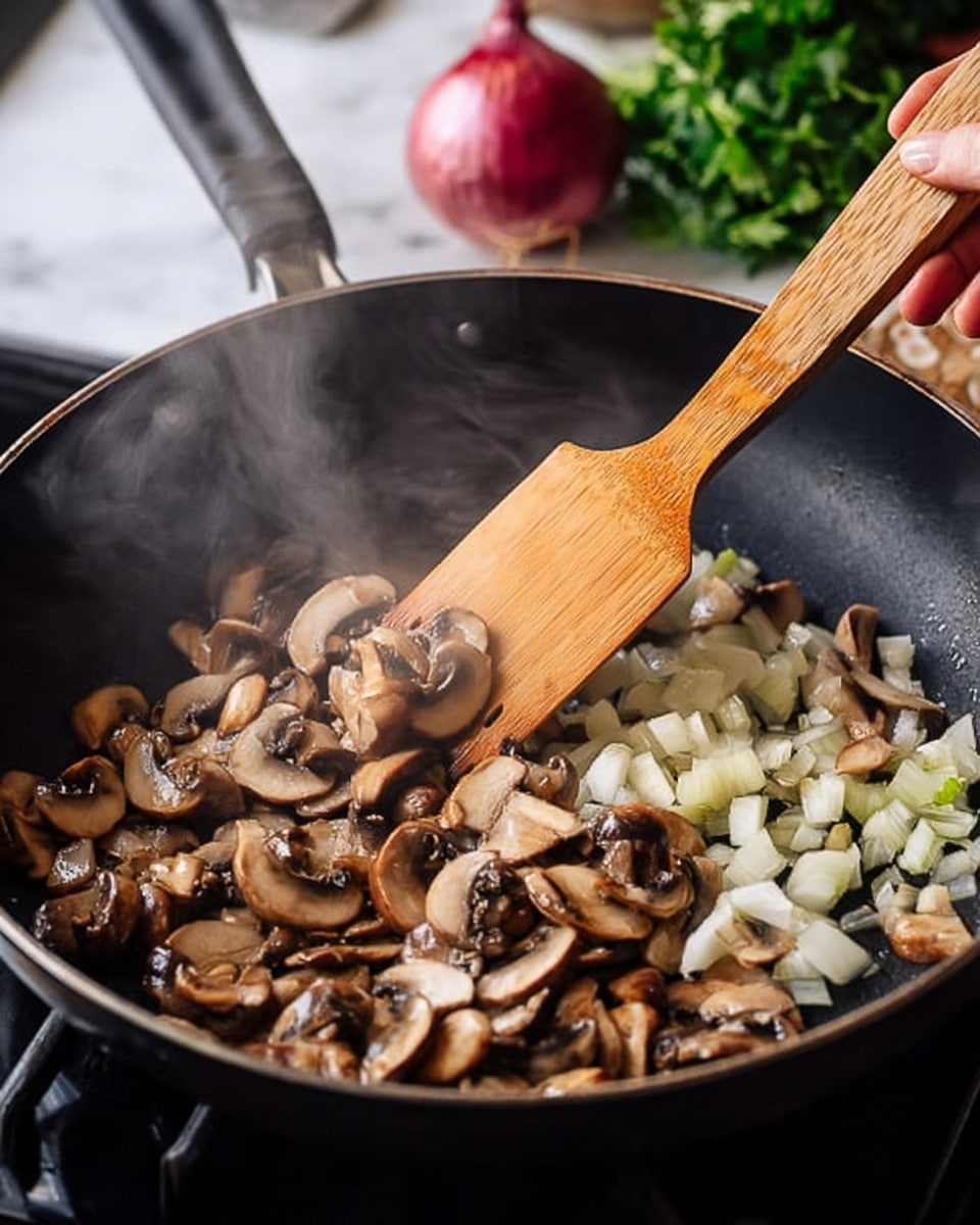 The image shows a close-up of a black frying pan on a stove with steam rising, filled with cooked brown sliced mushrooms and fresh white diced onions. A woman's hand holds a wooden spatula stirring the onions into the mushrooms, with the spatula positioned on the right side inside the pan. In the blurred background, there is a red onion and some green leafy herbs. The surface beneath the stove has a white marbled texture. photo taken with an iphone --ar 4:5 --v 7