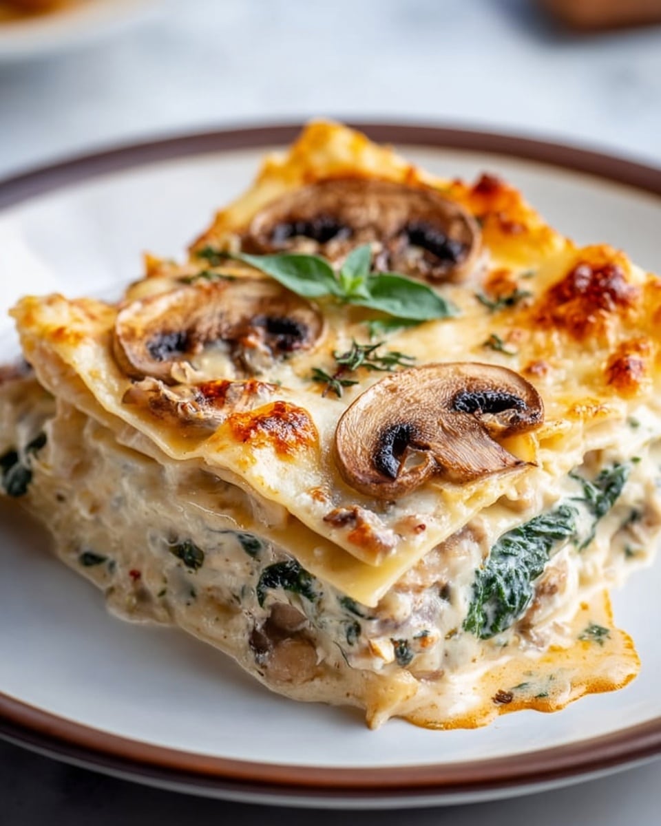 A close-up of a square piece of lasagna on a white plate with a brown rim, placed on a white marbled surface. The lasagna has three visible layers: the bottom layer is creamy with bits of light brown mushrooms and dark green spinach mixed with white sauce, the middle layer shows a pale yellow pasta sheet, and the top layer is melted golden-brown cheese with browned edges, decorated with cooked mushroom slices and a small green herb leaf. The edges are slightly browned and bubbling, with some sauce oozing onto the plate. photo taken with an iphone --ar 4:5 --v 7