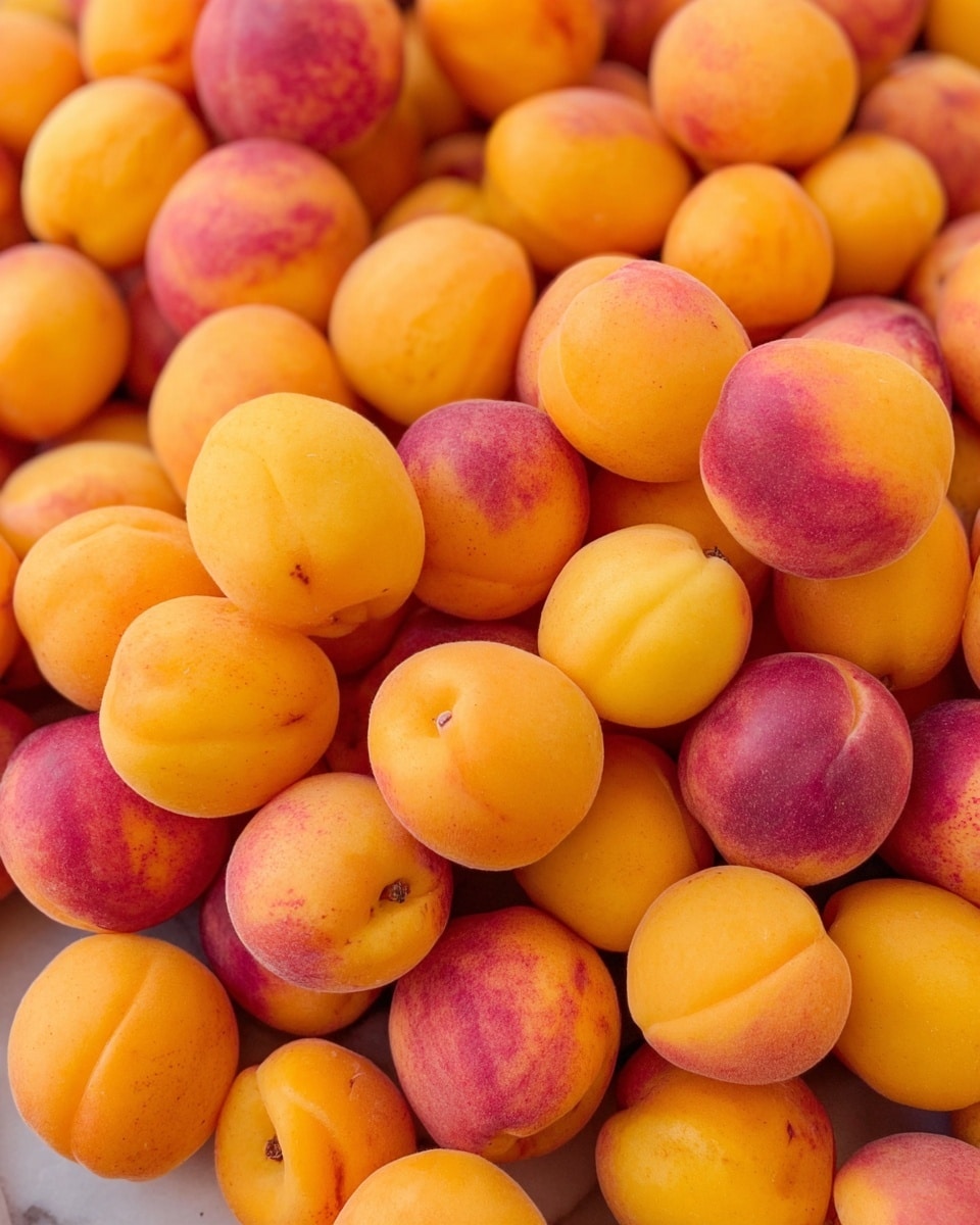 The image shows a large pile of fresh apricots closely packed together. Each apricot is round and smooth with a vivid mix of yellow and orange colors, with some parts tinged in reddish-pink. The apricots have a soft, velvety texture with slight indentations and natural imperfections on their skin. The pile forms a dense, uneven layer with no visible container, resting on a white marbled textured surface. Photo taken with an iphone --ar 4:5 --v 7