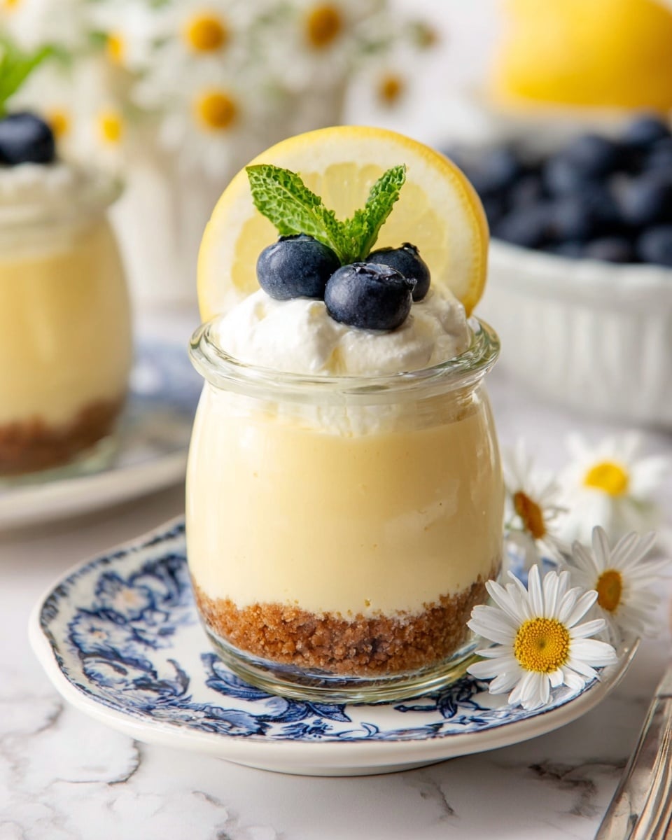 The image shows a small dessert served in a clear glass jar with three layers. The bottom layer is crumbly and brown, resembling a cookie or biscuit base. The middle layer is thick, smooth, and pale yellow, likely a creamy lemon filling. The top layer consists of a dollop of white cream, a small slice of lemon, three fresh blueberries, and a small green mint leaf resting on the cream. The jar sits on a small white plate with blue patterns, and a white daisy flower is placed next to it. The background has a white marbled texture with some blurred objects including another dessert jar, a bowl of blueberries, and more daisy flowers. photo taken with an iphone --ar 4:5 --v 7
