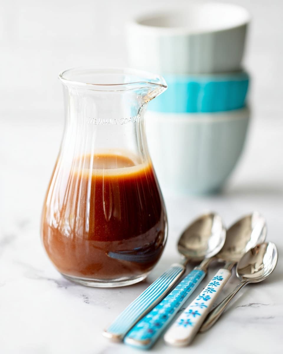 A clear glass carafe filled with two layers of sauce sits on a white marbled surface; the bottom layer is dark brown, smooth, and glossy, while the top layer is a thinner, lighter brown gradient that blends softly into the darker layer below. Behind the carafe, there are three stacked white bowls with light blue interiors, slightly out of focus. To the right of the carafe, three spoons with shiny silver heads rest diagonally on the surface, each with different blue patterned handles: one striped, one floral, and one with small blue flowers on a white background. The scene is bright and softly lit with a clean, fresh look. photo taken with an iphone --ar 4:5 --v 7