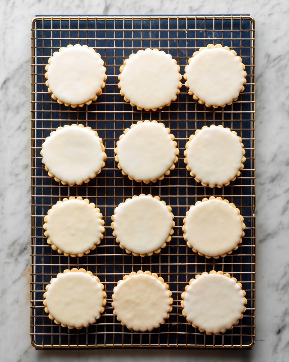 Fifteen round, scalloped-edge cookies with smooth, light cream icing are arranged in a neat, even pattern on a rectangular cooling rack. The rack is placed on a white marbled surface, adding a soft contrast to the pale, matte cookies. The cookies have a uniform thin layer of icing, giving them a clean, polished look, and the edges reveal a golden brown tint beneath the icing, indicating they are freshly baked. The photo is taken from above, giving a clear view of the cookie shapes and the metal grid of the cooling rack photo taken with an iphone --ar 4:5 --v 7