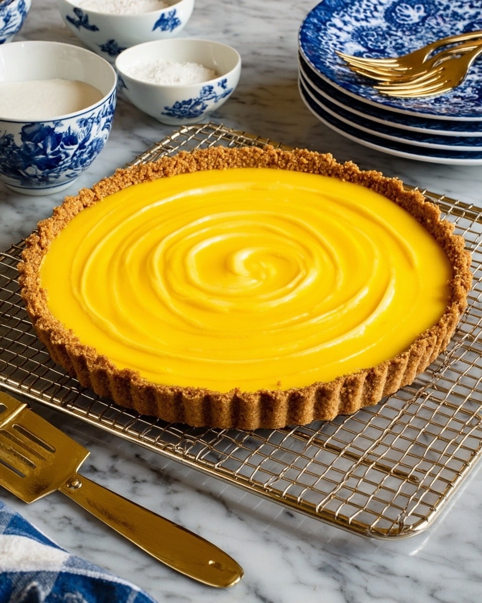 A lemon tart with one visible layer sits on a silver cooling rack on a white marbled surface. The tart has a golden, crumbly crust forming the outer edge, holding a smooth, bright yellow filling with a swirl pattern on top. To the left of the tart, there is a shiny gold pie server. In the background, white bowls with blue rims hold a white creamy substance, stacked blue and white patterned plates are nearby, and blue cloth napkins with gold forks rest on the surface. Photo taken with an iphone --ar 4:5 --v 7