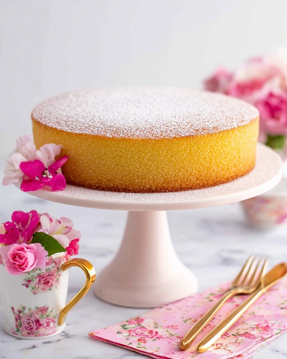 The image shows a single-layer round yellow cake with a soft, smooth texture, placed on a tall, white cake stand. The cake is dusted lightly with powdered sugar on top, giving a gentle white texture. On the left side of the cake stand's base, there are a few small pink flowers adding a splash of color. Nearby, a white cup with a gold handle is filled with bright pink and light pink flowers, set on a pink floral napkin. To the right of the cake stand, golden forks rest on folded pink floral napkins on a white marbled surface. photo taken with an iphone --ar 4:5 --v 7