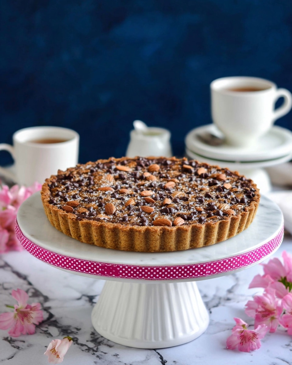 The image shows a single-layer tart with a golden brown crust in a white fluted tart pan, placed on a white cake stand decorated with a pink ribbon with white dots around the edge. The tart is topped with a thick layer of chocolate chips and scattered whole almonds, with a light drizzle of caramel or honey and small bits of sea salt visible, adding texture. The background features a white marbled surface with a dark blue backdrop, and there are small pink flowers scattered around. In the background, a white cup with tea and a small white milk jug sit on white saucers on a white marbled surface. Photo taken with an iphone --ar 4:5 --v 7