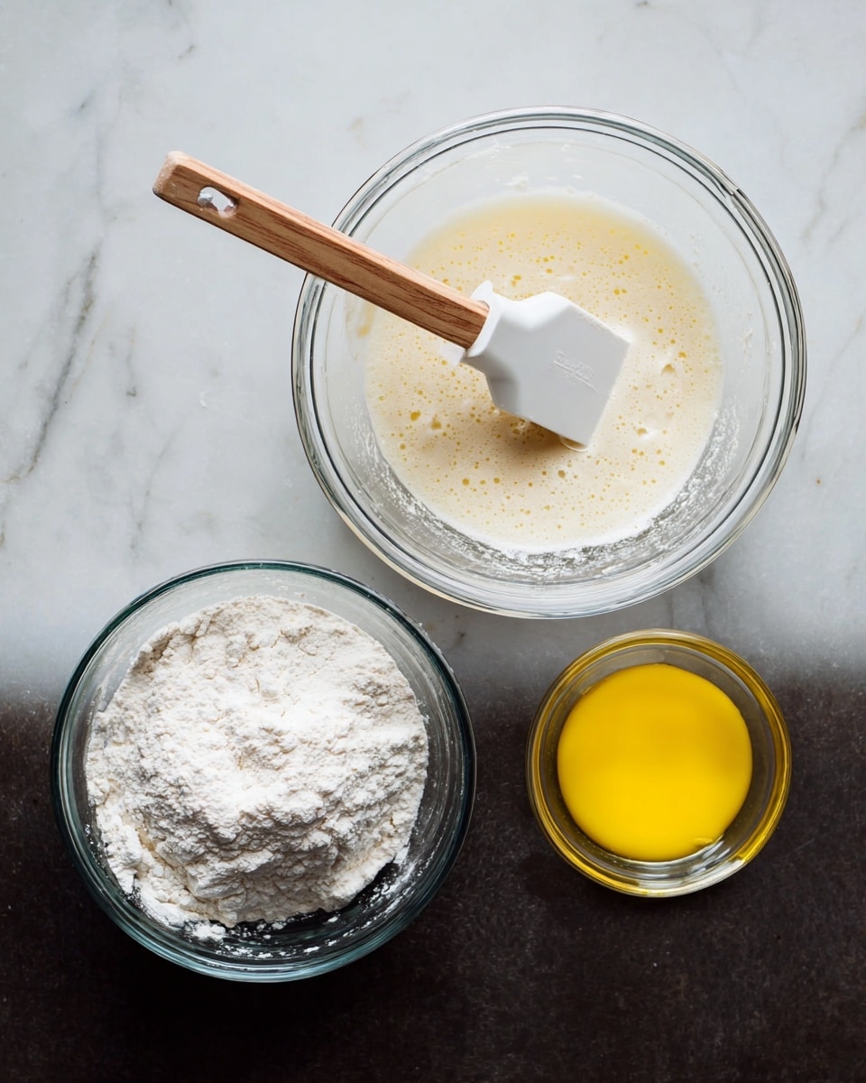 The image shows three clear glass bowls on a white marbled surface. The largest bowl is in the center and contains a light beige, foamy mixture with a white spatula that has a wooden handle resting inside. To the left of this bowl is a smaller bowl filled with white flour with a fine texture. On the right, another small bowl holds melted yellow butter with a smooth surface. The scene is neat and the bowls are evenly spaced, capturing the preparation stage of a recipe. photo taken with an iphone --ar 4:5 --v 7