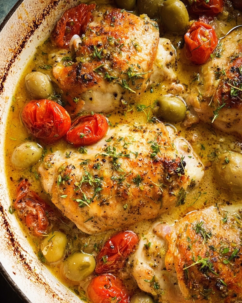A close-up of a cooking dish showing four light golden-brown chicken pieces, each with a slightly crispy texture and sprinkled with green herbs. The chicken rests in a golden sauce mixed with whole green olives and small bright red cherry tomatoes scattered around. The dish's surface is shiny and juicy, with bubbles of sauce and bits of herbs floating, giving it a savory and fresh look. The background looks like the inside of a white pan with a worn and browned edge visible at the top corner. photo taken with an iphone --ar 4:5 --v 7
