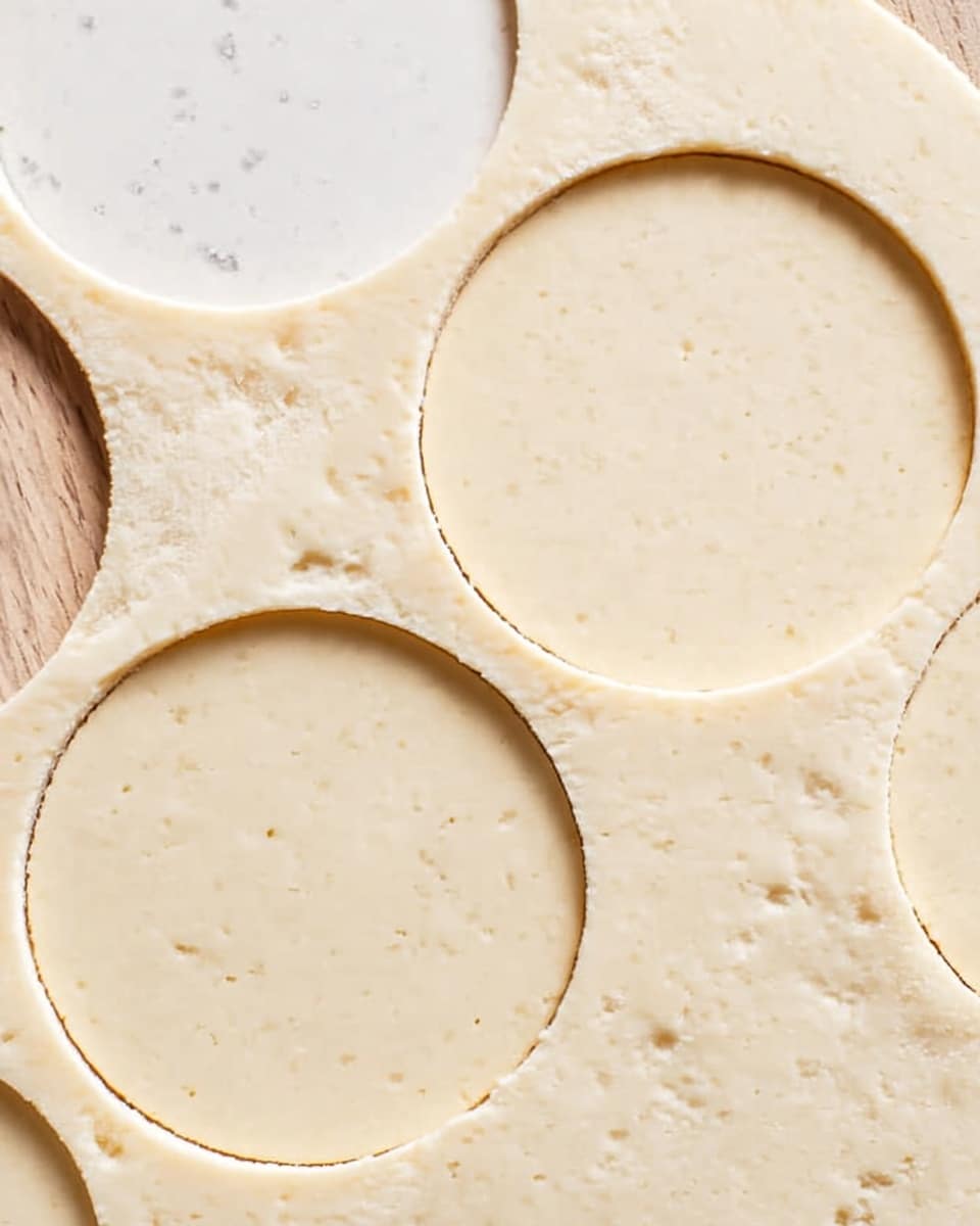 A close-up image shows a sheet of light beige dough on a white marbled surface with round shapes cut out, revealing the wooden surface underneath. Four circles are fully cut and separate, while two circles are still part of the dough, waiting to be removed. The dough looks smooth and thin, with slightly rough edges where the circles have been cut. Photo taken with an iphone --ar 4:5 --v 7