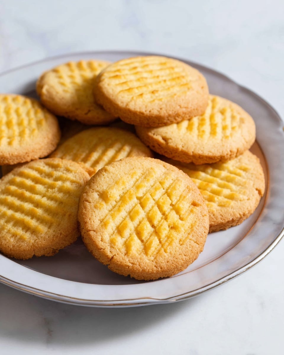 A white plate holds a stack of round cookies with a golden-yellow top layer that has a crosshatch pattern textured across each cookie. The cookies have light brown edges, showing a slightly crispy and baked texture. The plate sits on a white marbled surface, and the cookies are arranged in a slightly overlapping circular shape, filling most of the plate photo taken with an iphone --ar 4:5 --v 7