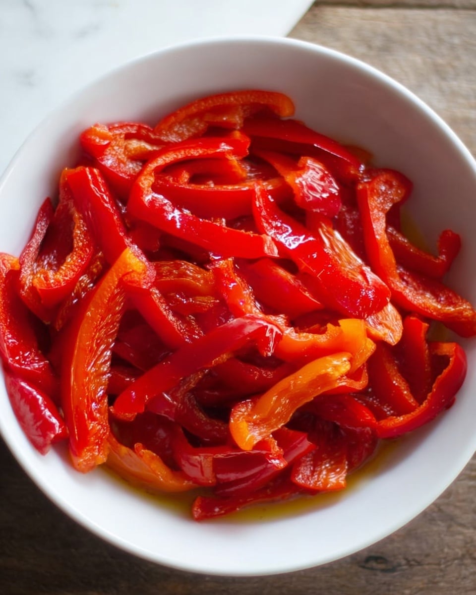 A white bowl filled with bright red roasted pepper strips that have a shiny, slightly oily texture, with some orange parts mixed in. The peppers are soft and look juicy, sitting in a small pool of oil or juice at the bottom of the bowl. The bowl is placed on a white marbled surface, showing a close-up view of the vibrant peppers. photo taken with an iphone --ar 4:5 --v 7