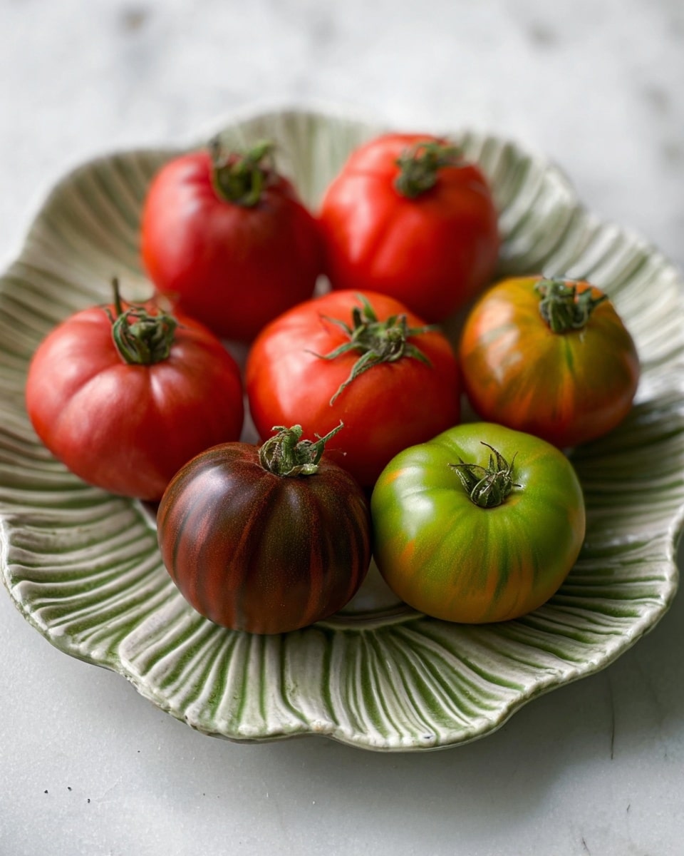 The image shows seven ripe tomatoes of different shades, including red, dark red, and green, placed on a white ceramic plate with a leafy shape and textured edges. The tomatoes are arranged loosely in three rows, closer to the front of the plate, with visible green stems on top of each tomato. The plate rests on a white marbled surface, giving a clean and natural feel to the setting. photo taken with an iphone --ar 4:5 --v 7