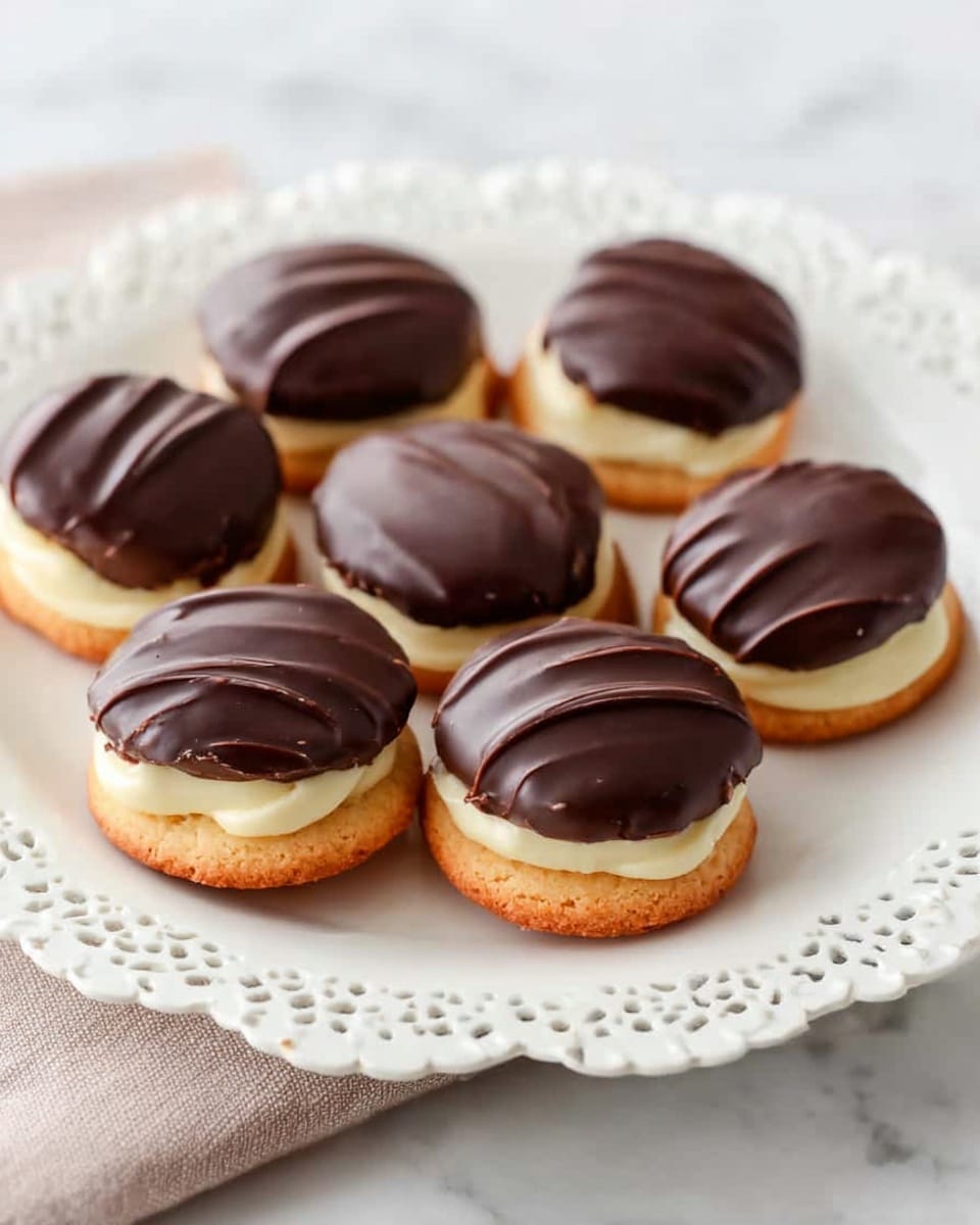 Seven small round sandwich cookies are arranged on a white plate with a decorative lace-like edge. Each cookie has three layers: a golden brown bottom biscuit with a smooth, slightly shiny texture, a thick, creamy pale yellow center layer that looks soft, and a glossy dark brown chocolate top layer with gentle swirls and slight peaks. The plate is placed on a white marbled surface. photo taken with an iphone --ar 4:5 --v 7