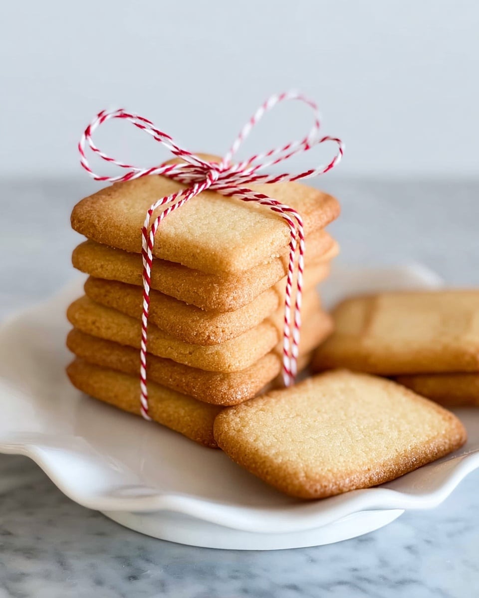 There is a white plate with four square light golden brown cookies stacked on top of each other, tied together with a red and white string wrapped around the cookies twice and knotted on top. Behind the stack on the same plate, there are three more cookies, lying flat and slightly overlapping. The surface under the plate has a white marbled texture. photo taken with an iphone --ar 4:5 --v 7