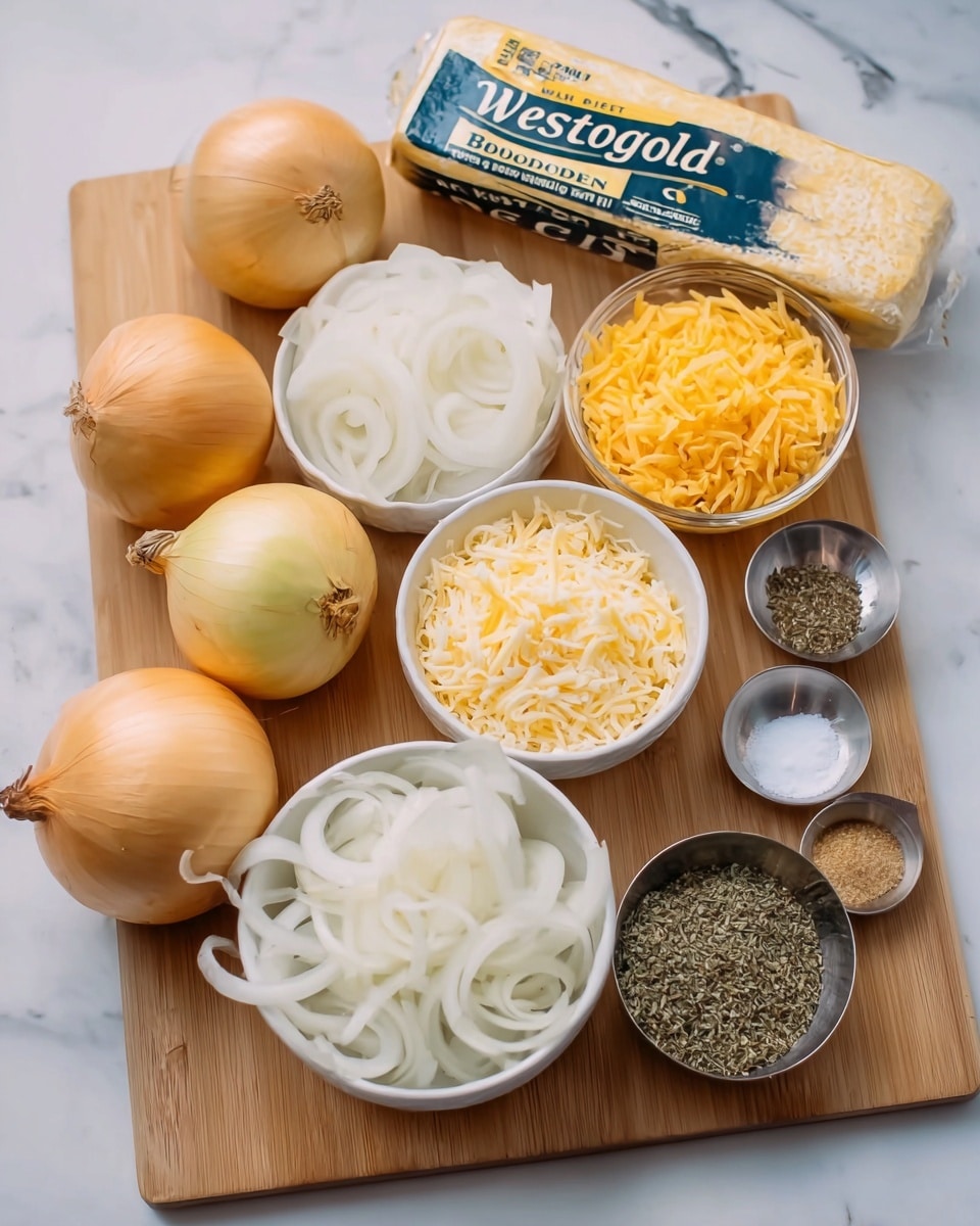 The image shows a wooden board with several cooking ingredients arranged neatly on a white marbled surface. There are three whole yellow onions placed close together, next to a pile of white onion rings. Two white bowls are stacked side by side: one with shredded white cheese and the other with shredded yellow cheese. A small clear glass bowl contains finely shredded white pieces, likely cheese. Two small metal bowls hold different seasonings; one has a mix of white salt, black pepper, and garlic powder, and the other has dried green herbs. A wrapped block of salted butter labeled