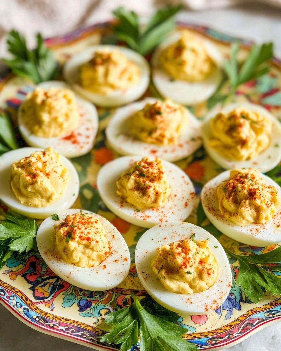 The image shows a plate with about a dozen deviled eggs arranged in a circular pattern. Each egg has a smooth white outer layer and a creamy, yellow filling in the center that looks slightly fluffy with a soft texture. The yellow filling is dusted with a light sprinkle of red spice on top, adding a touch of color contrast. A few green parsley leaves are placed on and around the eggs for decoration. The eggs sit on a white plate with colorful patterns and the whole scene is set on a white marbled surface. Photo taken with an iphone --ar 4:5 --v 7