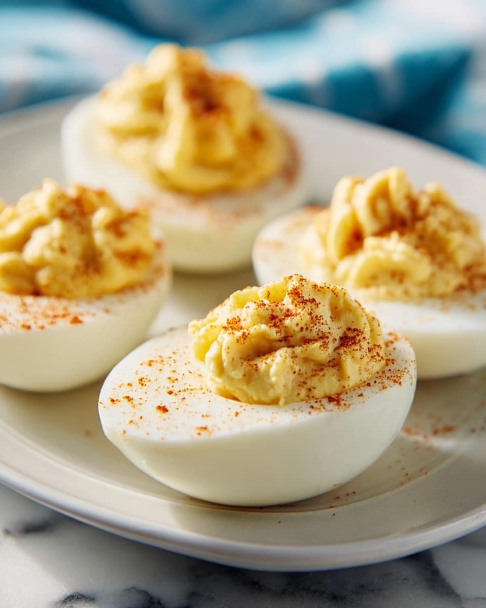 Four halved boiled eggs sit on a white plate, each filled with a creamy, light yellow yolk mixture that looks soft and slightly textured. The yolk filling is piled on top of the smooth white egg whites, sprinkled with a light dust of reddish-brown seasoning. The plate rests on a white marbled surface with a blurred blue and white cloth in the background. The focus is close up on the eggs, showing the fine details of the filling and the smoothness of the egg whites photo taken with an iphone --ar 4:5 --v 7