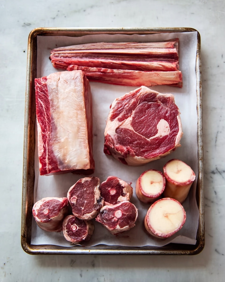 A white metal tray lined with parchment paper holds six raw pieces of meat arranged neatly: on the left, a large rectangular cut of red meat with light fat marbling; at the top, a long narrow cut with layers of red meat and fat; in the center, a thick round slice with a bone in the middle surrounded by deep red meat and white fat edges; to the right, two thick cylindrical bone pieces standing up showing creamy bone centers; below these, a cluster of three smaller round bone pieces with dark red meat and white bones. The tray rests on a white marbled background. photo taken with an iphone --ar 4:5 --v 7