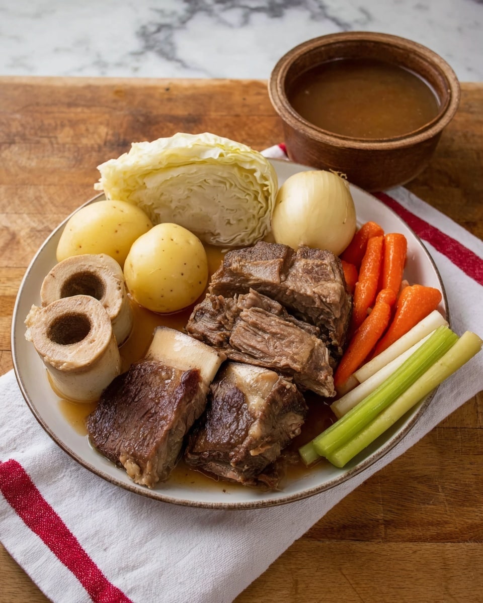A white plate holds a layered serving of food arranged neatly. At the base, there are three large pieces of brown cooked meat with visible texture, along with two thick light brown bones with hollow centers on top of the meat. Above the meat and bones are two smooth, round, light yellow potatoes. Beside the potatoes, a large wedge of pale, creamy cabbage is placed, showing its layers clearly. To the right, three whole cooked carrots with a bright orange color and some cooked celery sticks are arranged vertically. There is also a small pale round root vegetable near the potatoes. On the left side of the image, there is a brown bowl filled with clear brown broth, placed on a white cloth with a red stripe. The whole scene is set on a wooden surface with a white marbled texture background. photo taken with an iphone --ar 4:5 --v 7